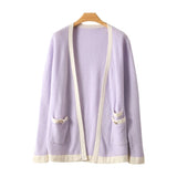 Womens Open - Front Knit Cashmere Cardigan Contrast Trim Colorblock Coat