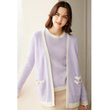 Womens Open - Front Knit Cashmere Cardigan Contrast Trim Colorblock Coat