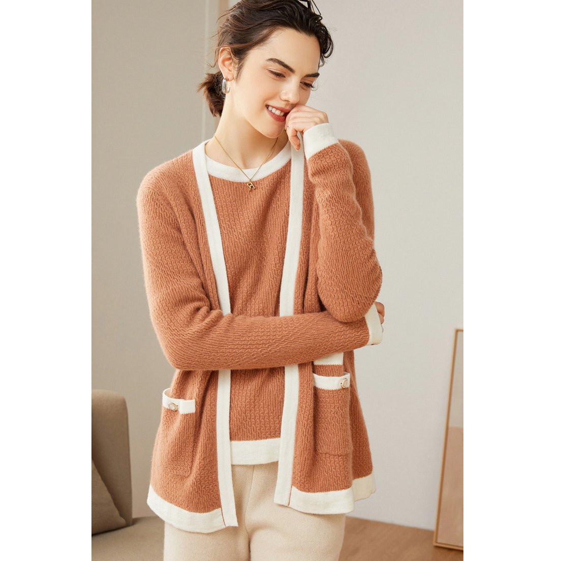 Womens Open - Front Knit Cashmere Cardigan Contrast Trim Colorblock Coat