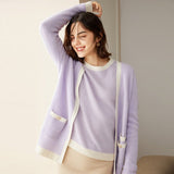 Womens Open - Front Knit Cashmere Cardigan Contrast Trim Colorblock Coat