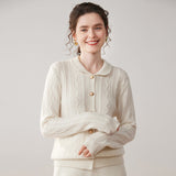 Womens Cable Knit Cashmere Cardigan Peter Pan Collar Cashmere Sweater Ivory XS