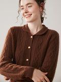 Womens Cable Knit Cashmere Cardigan Peter Pan Collar Cashmere Sweater Coffee XS
