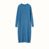 Womens Cable Knit Cashmere Dress Long Sleeve Cashmere Midi Dress Blue XS