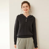 Womens Cable Knit Cashmere Hooded Cashmere Henley Sweater Gray XS