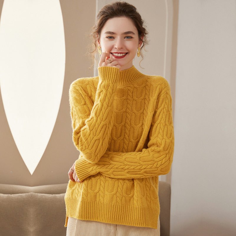 Womens Cable Knitted Cashmere Sweater Half Turtleneck Cashmere Blouses