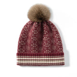 Womens Cashmere Beanie with Fur Pom Striped Edge Cashmere Hats