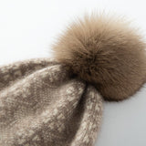 Womens Cashmere Beanie with Fur Pom Striped Edge Cashmere Hats