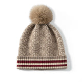 Womens Cashmere Beanie with Fur Pom Striped Edge Cashmere Hats