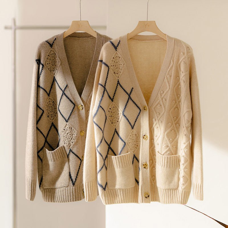 Womens Argyle Patchwork Cashmere Cardigan Pockets V - neck Cashmere Coat