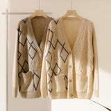 Womens Argyle Patchwork Cashmere Cardigan Pockets V - neck Cashmere Coat