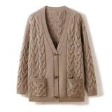 Womens Chunky Cable Knit Cashmere Cardigan Patch Pockets Cashmere Coat