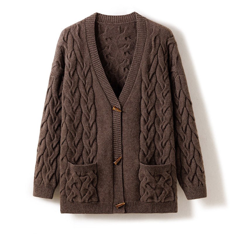 Womens Chunky Cable Knit Cashmere Cardigan Patch Pockets Cashmere Coat