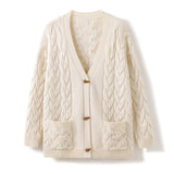 Womens Chunky Cable Knit Cashmere Cardigan Patch Pockets Cashmere Coat