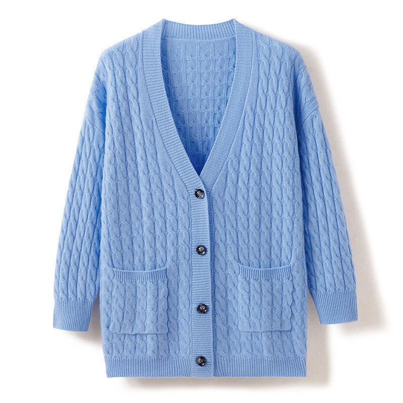 Women's Cashmere Cardigans with Pockets V Neck Cable-Knit Cashmere Outwear Coat - slipintosoft