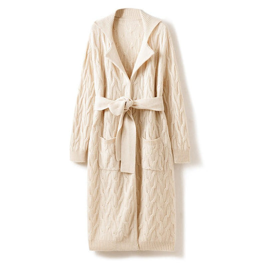 Womens Long Cable Knit Belted Pure Cashmere Cardigan Open - front Coat