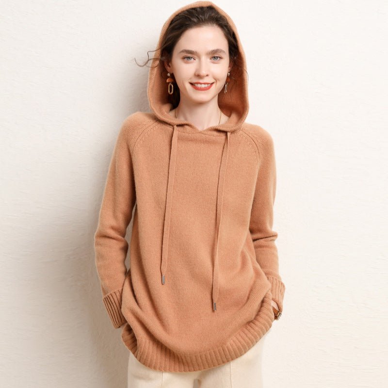 Womens Raglan Sleeve Pure Cashmere Hoodie With Ribbed Cuffs Hoody