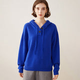 Womens Pure Cashmere Hoodie Buttoned Neckline Cashmere Sweater Hoody