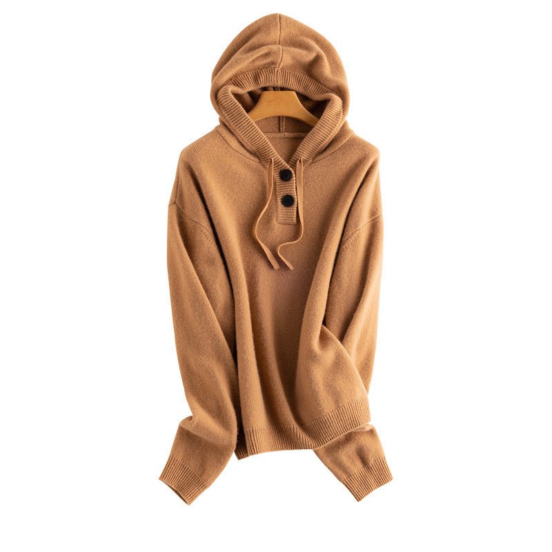 Womens Pure Cashmere Hoodie Buttoned Neckline Cashmere Sweater Hoody