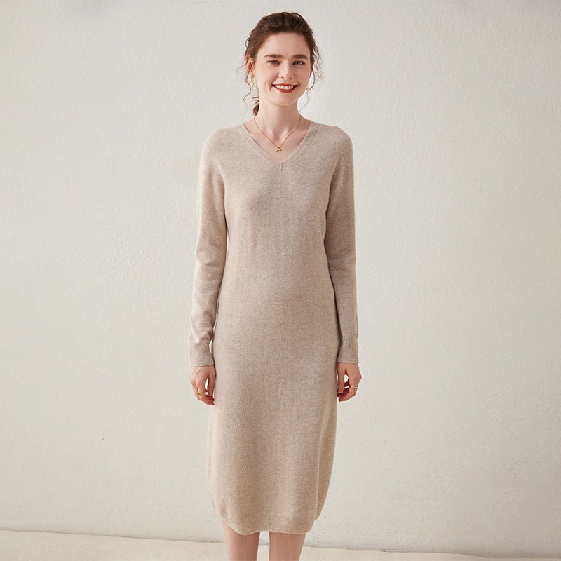 Womens Cashmere Knit Midi Dress Long Sleeve V Neck Cashmere Dress