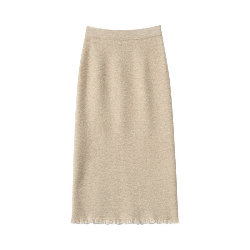 Womens Cashmere Knit Midi Skirt High Waist Frayed Hem Cashmere Dresses