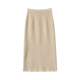 Womens Cashmere Knit Midi Skirt High Waist Frayed Hem Cashmere Dresses