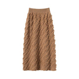 Womens Cashmere Textured Midi Skirt High Waist Fringe Cashmere Dress