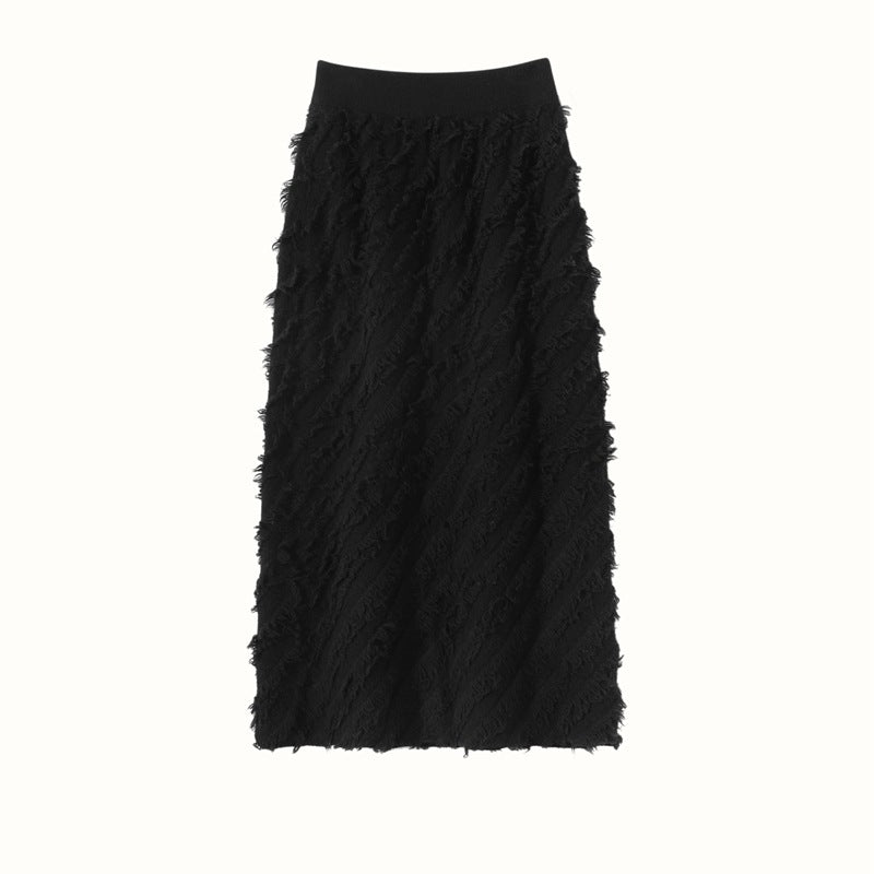 Womens Cashmere Textured Midi Skirt High Waist Fringe Cashmere Dress