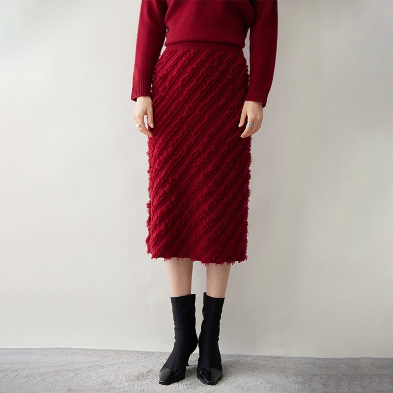 Womens Cashmere Textured Midi Skirt High Waist Fringe Cashmere Dress