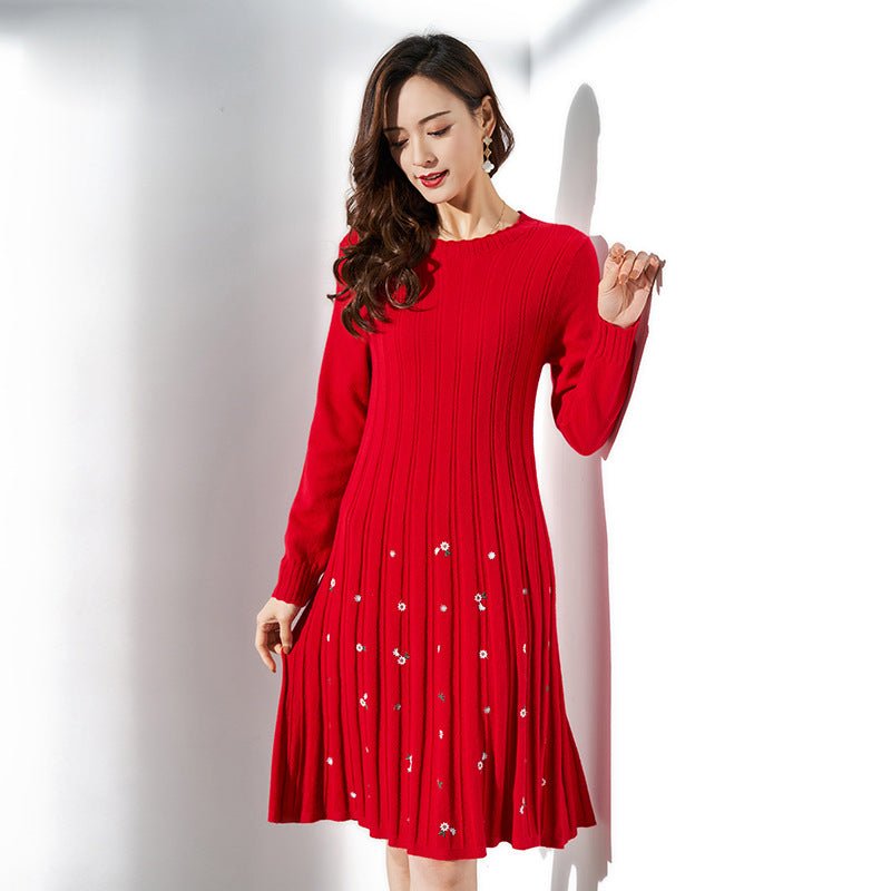 Womens Cashmere Ribbed Knit Dress Long Sleeve Embellished Flared Pleated Dress