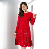 Womens Cashmere Ribbed Knit Dress Long Sleeve Embellished Flared Pleated Dress