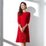 Womens Cashmere Ribbed Knit Dress Long Sleeve Embellished Flared Pleated Dress