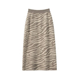 Womens Cashmere Knit Midi Skirt High Waist Zebra Stripe Print Dress