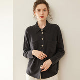Womens Cashmere Shirt Cashmere Cardigan Button-Up Collared Sweater Black Gray XS