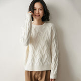 Womens Cashmere Sweater Cable Knit Cashmere Pullover Ribbed Crew Neckline Ivory XS