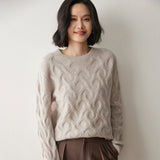 Womens Cashmere Sweater Cable Knit Cashmere Pullover Ribbed Crew Neckline Oatmeal XS