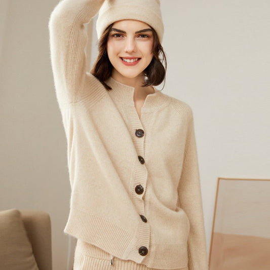 Womens Crew Neck Button - Up Cashmere Cardigan With Ribbed Trim