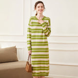 Womens Cashmere Striped Knit Dress Long Sleeve Crew Neck Midi Dress