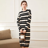 Womens Cashmere Striped Knit Dress Long Sleeve Crew Neck Midi Dress