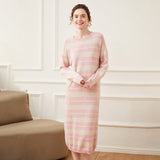 Womens Cashmere Striped Knit Dress Long Sleeve Crew Neck Midi Dress