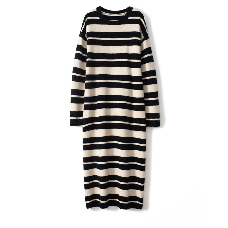 Womens Cashmere Striped Knit Dress Long Sleeve Crew Neck Midi Dress