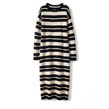 Womens Cashmere Striped Knit Dress Long Sleeve Crew Neck Midi Dress