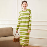 Womens Cashmere Striped Knit Dress Long Sleeve Crew Neck Midi Dress