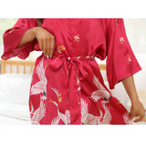 Womens Crane Print Silk Kimono Robe Bridesmaid Silk Robes