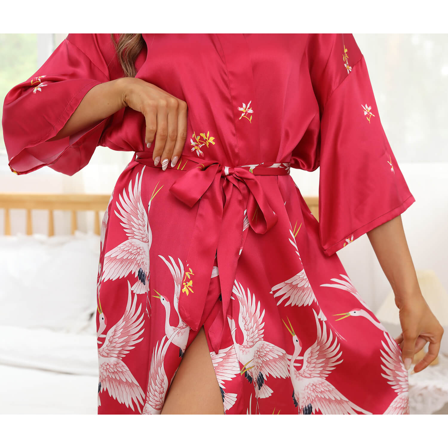 Womens Crane Print Silk Kimono Robe Bridesmaid Silk Robes