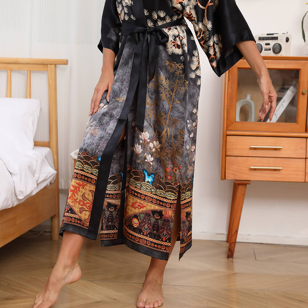 Women's cranes print pure Silk Kimono Robe with Belt Silk Bathrobe - slipintosoft