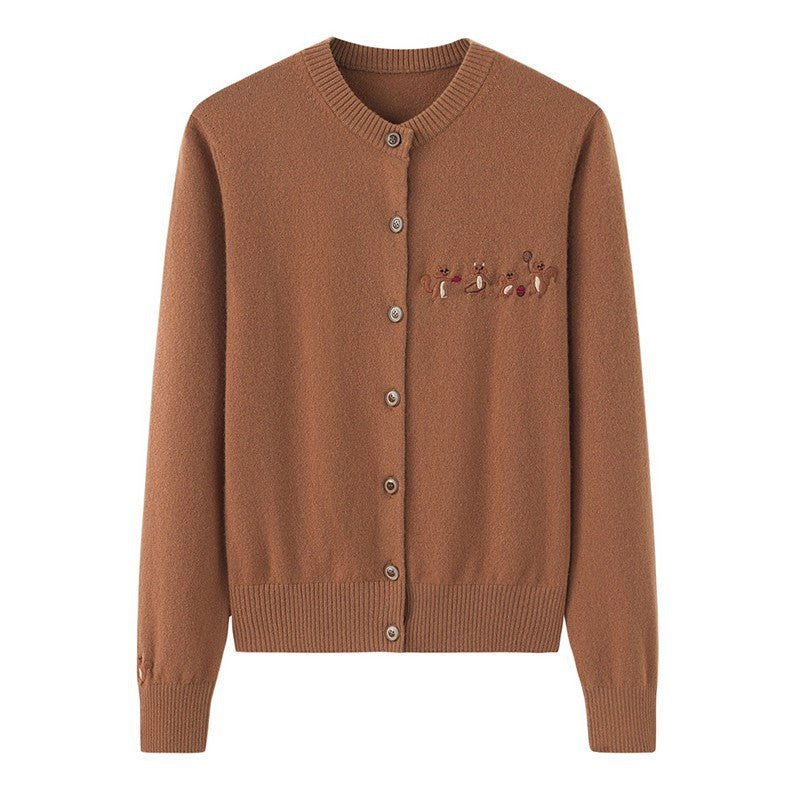 Womens Embroidered Cashmere Cardigan Colorful Button Crew Neck Coat