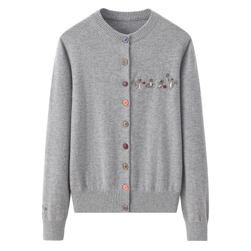 Womens Embroidered Cashmere Cardigan Colorful Button Crew Neck Coat