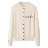 Womens Embroidered Cashmere Cardigan Colorful Button Crew Neck Coat