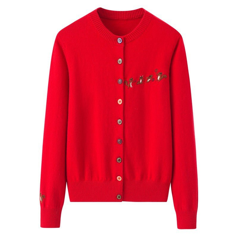 Womens Embroidered Cashmere Cardigan Colorful Button Crew Neck Coat