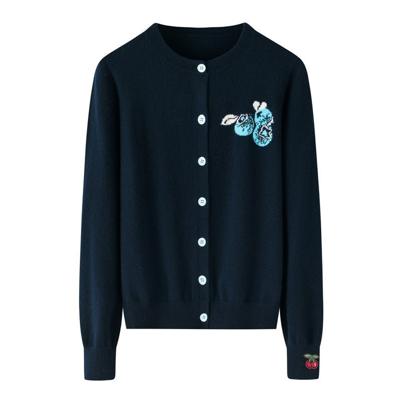 Womens Embroidered Fruit Motif Button - Up Cashmere Cardigan Crew Neck Cashmere Coat